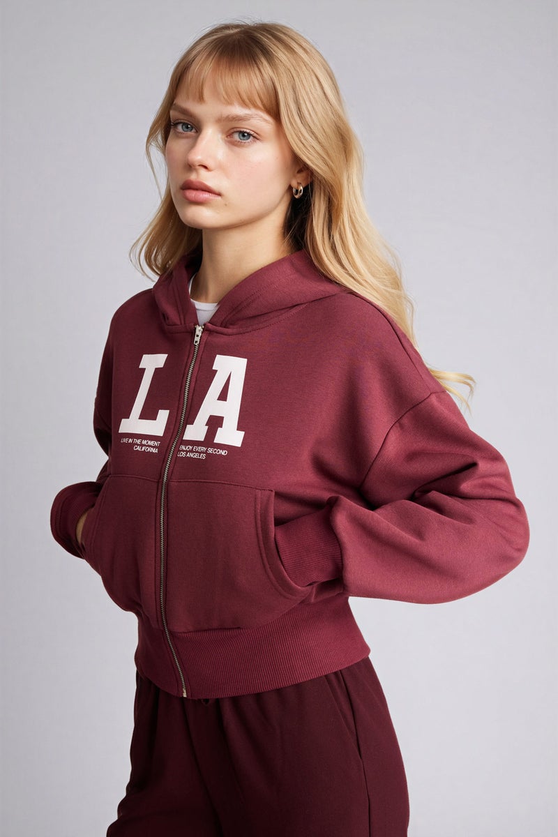 DeFacto Red Woman Cropped Fit Hooded Printed Zippered Sweatshirt Casual - Image 4